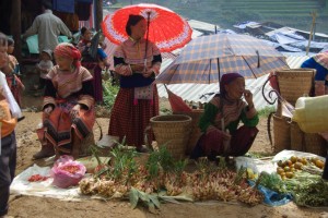 Marktfrauen in der bunten Blumen-Hmong Tracht sind ueberall - es gibt Gemuese...